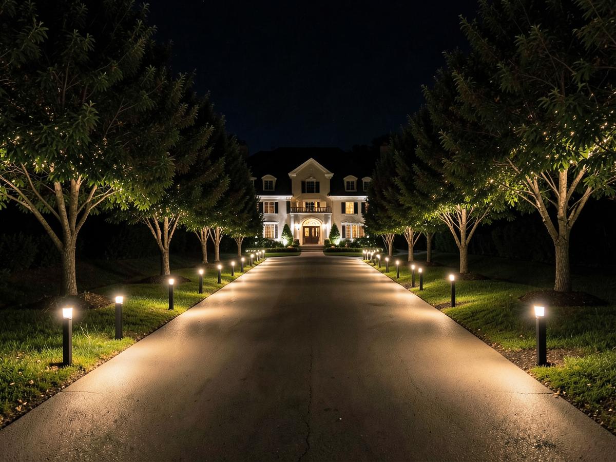 Driveway lined with warm white path lights leading to a lit home