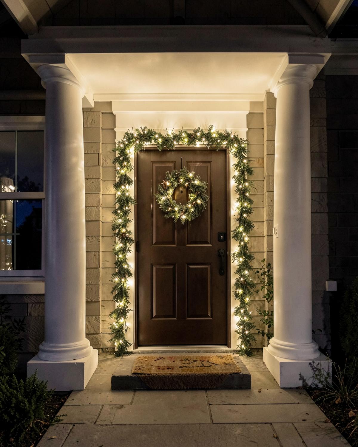 Front entry with a lit wreath and garland-wrapped door frame