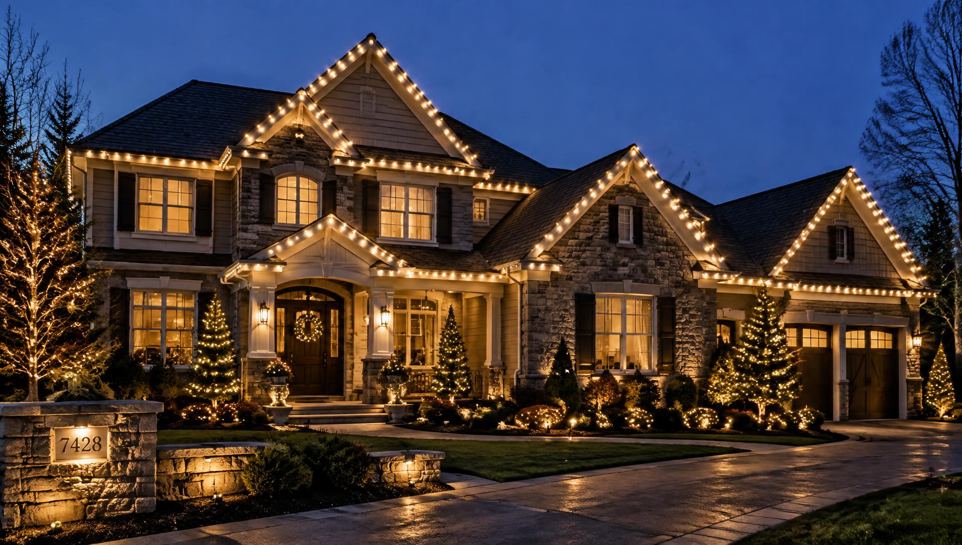 Luxury home in Snohomish County with professionally installed warm white Christmas roofline lighting at dusk
